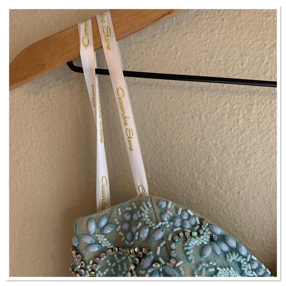 Cassandra Stone Evening Gown Beaded Jewel Bodice Pleated Long Dress Blue Size 4 - Picture 7 of 15